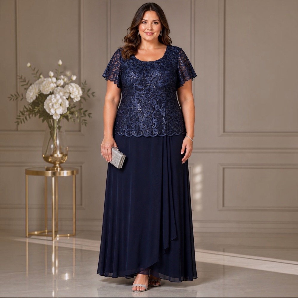Alex Evenings Navy Sequin Lace Chiffon Gown Dress Women's 14 Mother Bride Formal